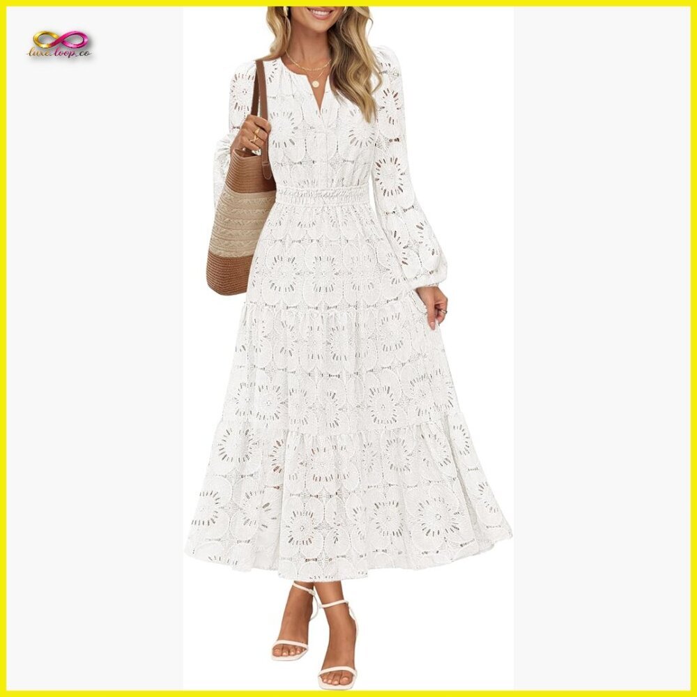 Long Sleeve Floral Lace Maxi Dress Boho Elegant Formal Pockets Tiered